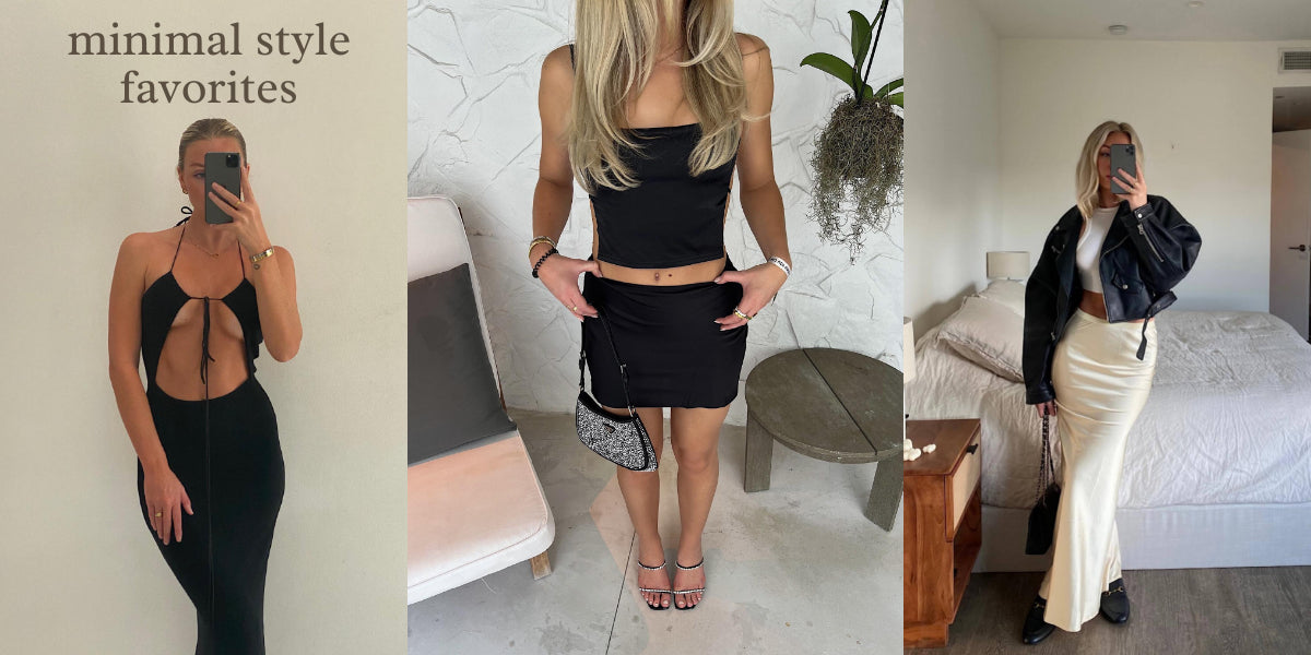 Minimalist style favorites.  Black maxi dress with cut outs in the front. Satin mini skirt with satin top, with open back. Cream satin long skirt, with a white crop top and leather jacket. 